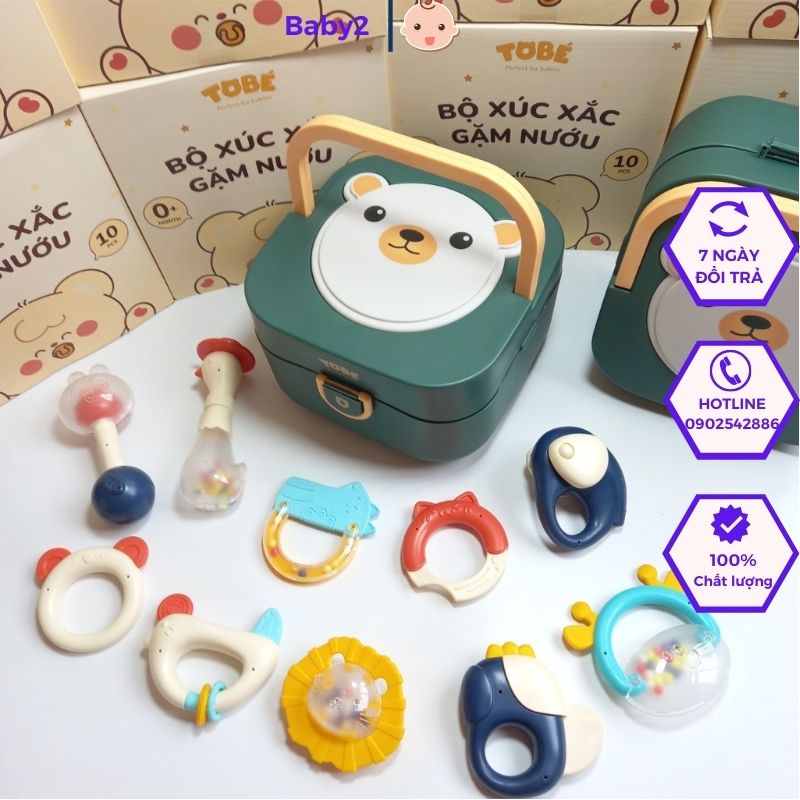 Bộ xúc xắc gặm nướu tobé 10 chi tiết hộp gấu phát nhạc có đèn an toàn cho bé xx24