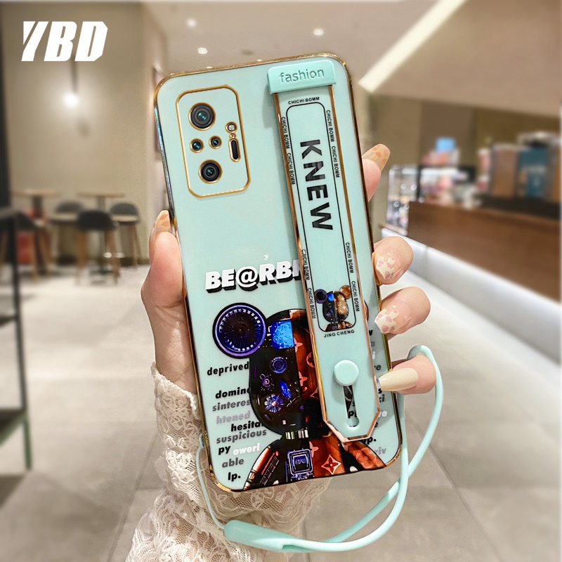 Ybd ốp điện thoại cho xiaomi redmi note 10 pro max 4g ốp họa tiết gấu chính hãng mạ điện sang trọng đi kèm với dây đeo cổ tay và dây đeo miễn phí