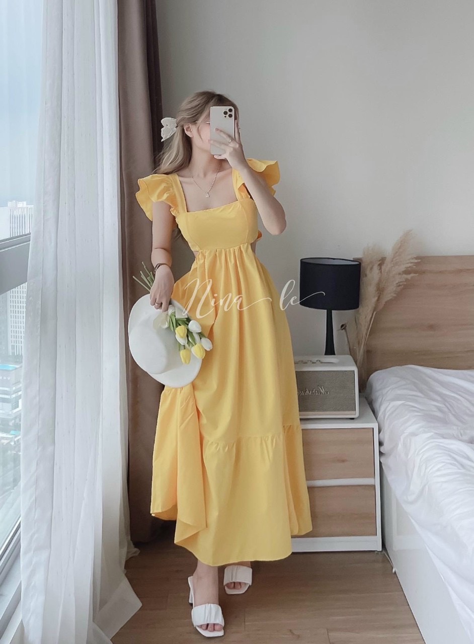 Đầm 2 dây tay cánh tiên - cột nơ sau lưng dễ thương - Maxi cánh tiên cột dây sau lưng