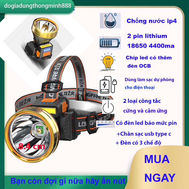 Đèn pin siêu sáng đội đầu chống nước pin 4400ma