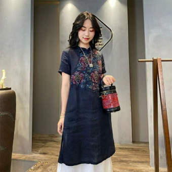 NQZZ Đầm Thêu Công Nghiệp Nặng Bằng Vải Lanh Và Cotton Mới Mùa Hè Dài Vừa Phải Mùa Hè Ngắn Tay Cổ Điển Dân Tộc 101NP62