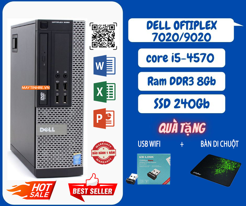 Máy tính bàn Delll optiplex 3020 core i5-4570/ Ram8G / SSD 240Gb, hàng nhập  khẩu bảo hành 12 tháng, tặng kèm USB wifi + bàn di chuột 