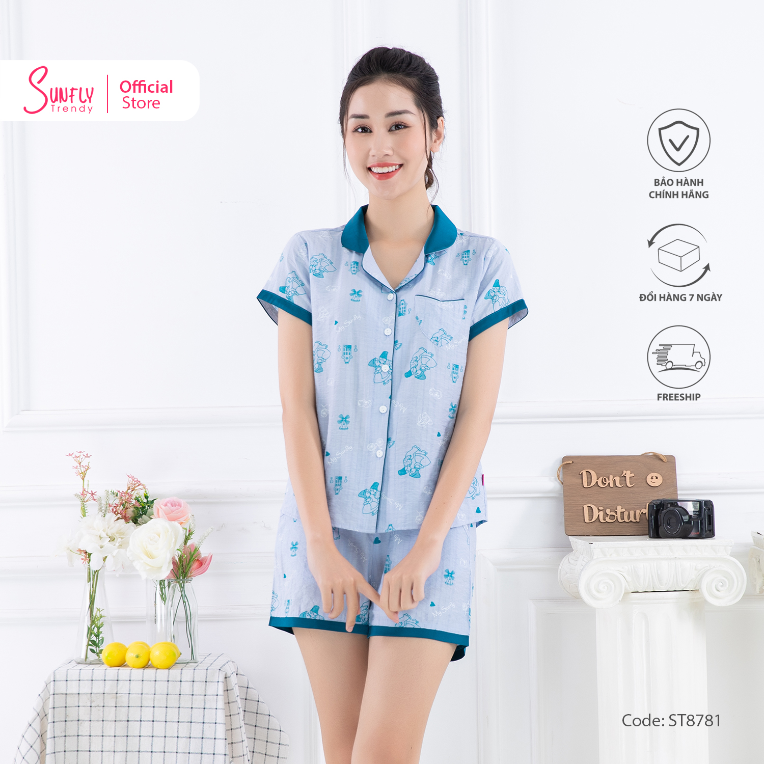 Bộ pijamas nữ mặc nhà, bộ mặc nhà nữ sunfly áo cộc quần sooc st8781