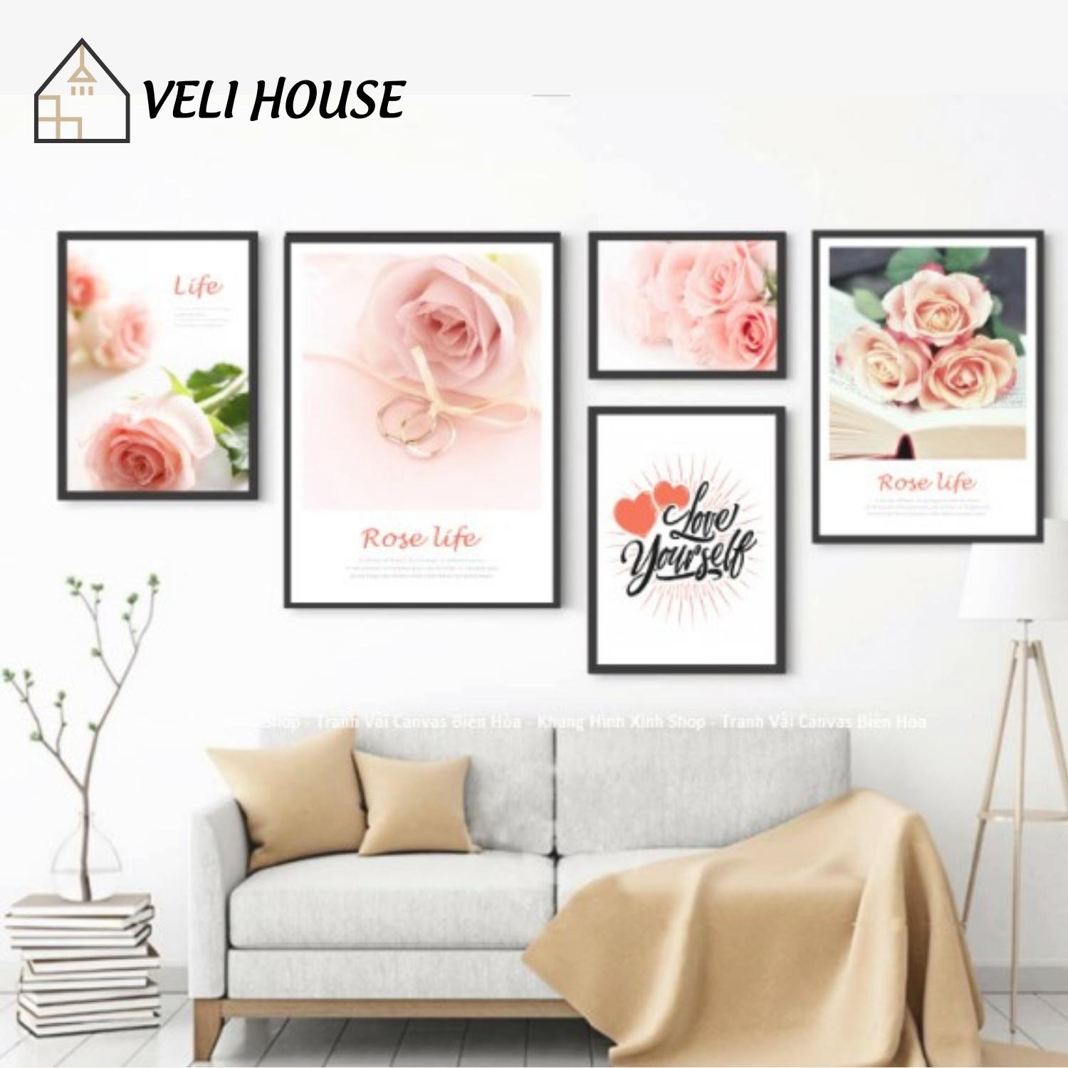 Bộ 5 tranh vải canvas treo tường bắc âu kcv78 - ROSE LIFE - Kèm khung - Veli house