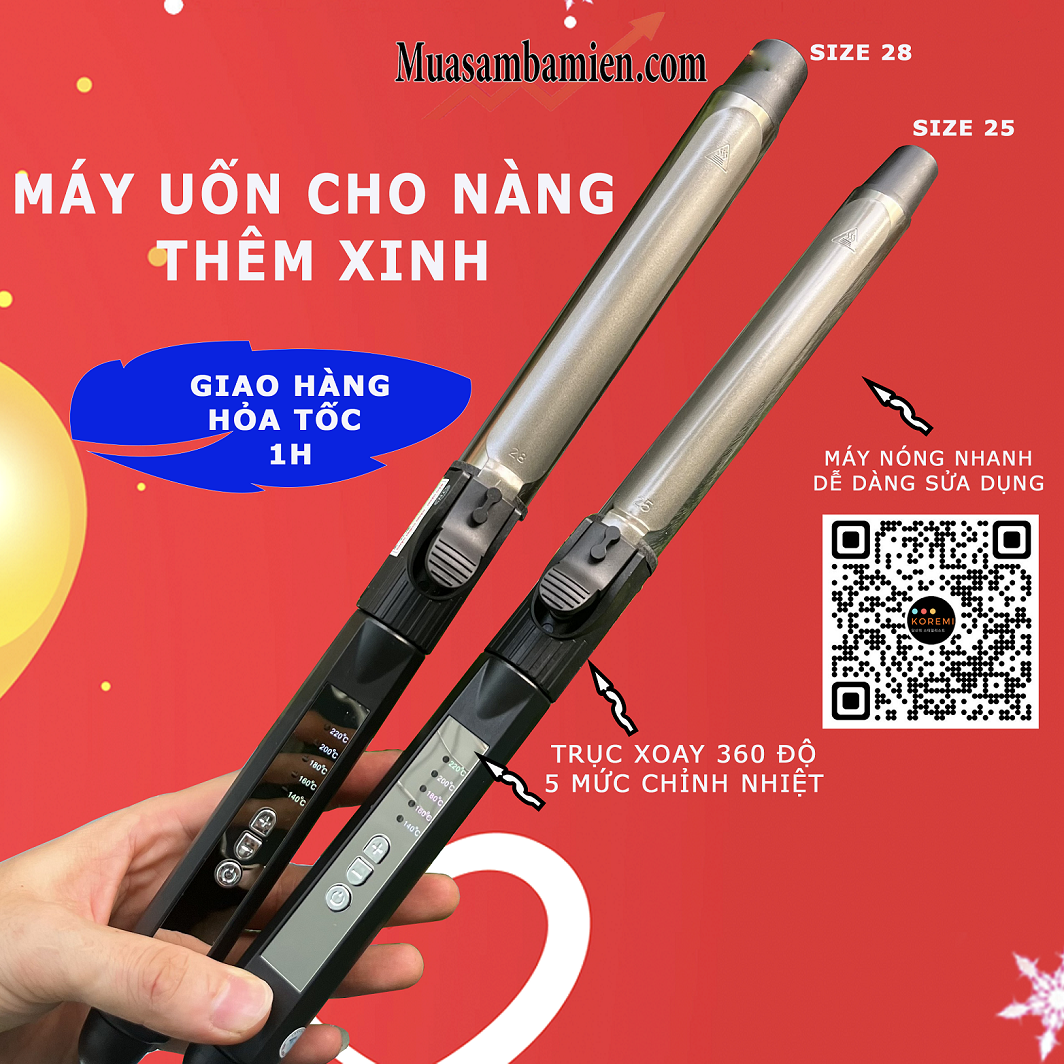 Máy uốn tóc chuyên nghiệp chuẩn salon tóc chỉnh nhiệt xoay trục 360 độ KRM01 size 28