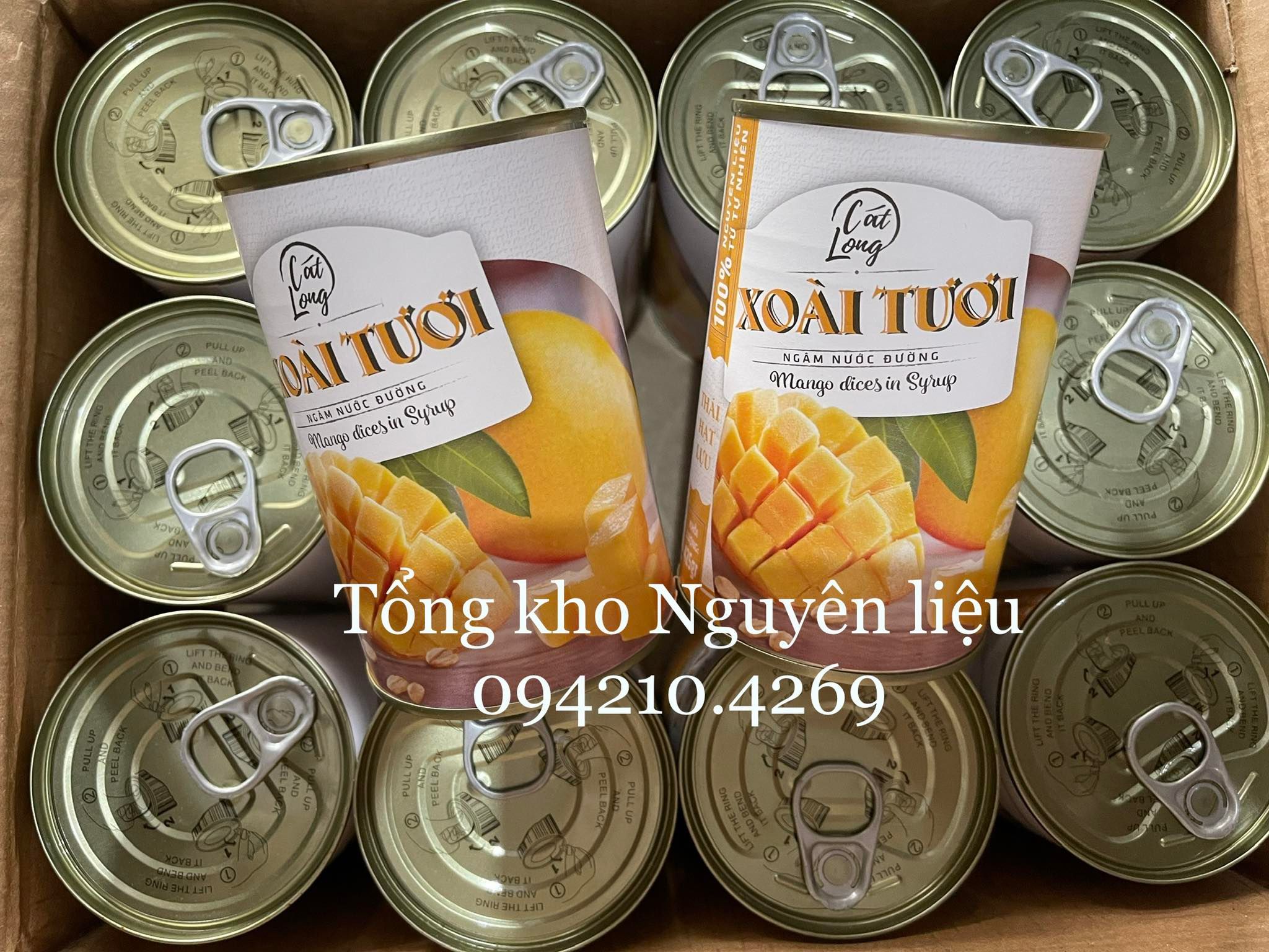 Xoài thái hạt lựu/xoài tươi ngâm nước đường cát long hộp 425g- decor cho trà hoa quả/chè/kem