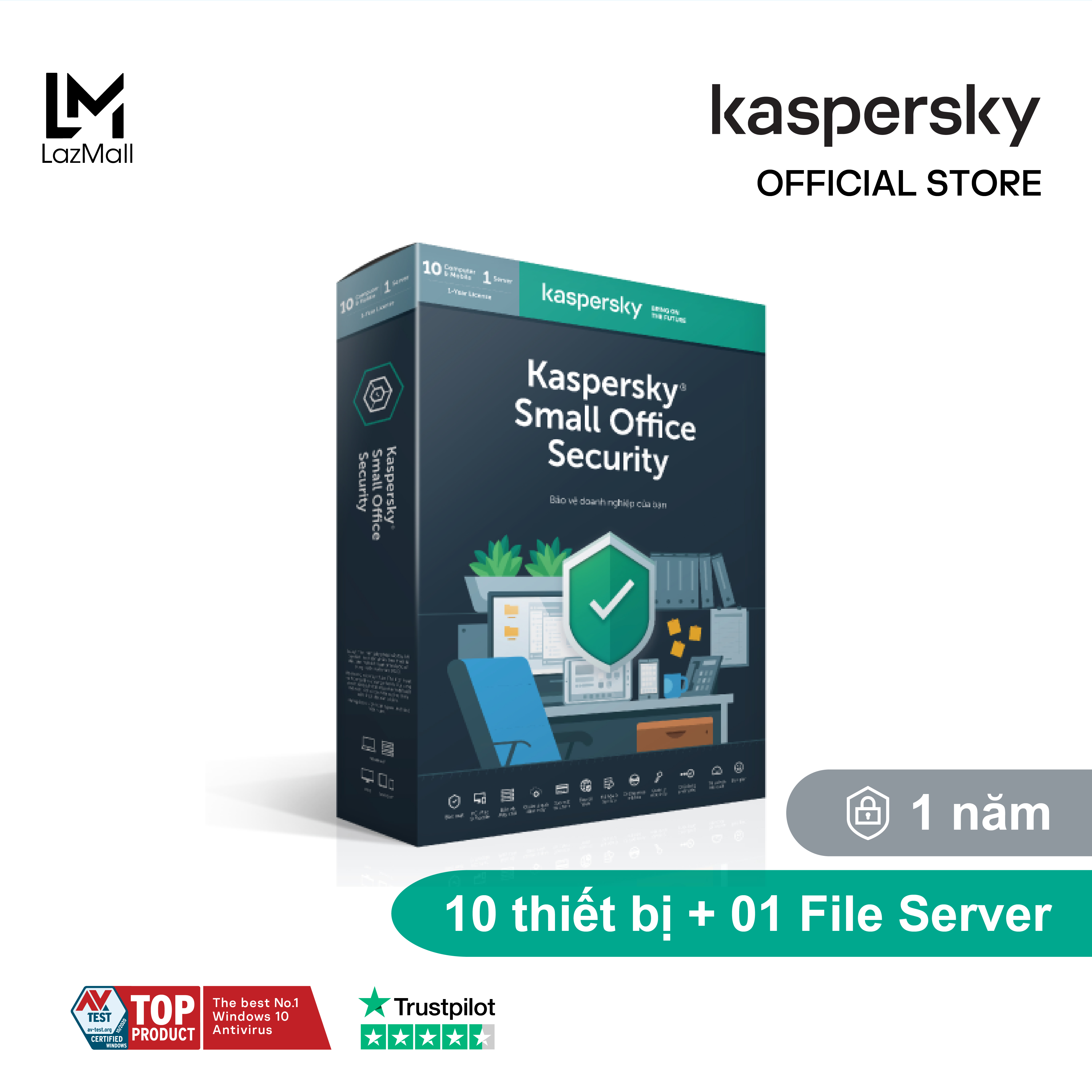 Box phần mềm diệt virus kaspersky small office security 10 pcs + 10 mobile + 1 file server ksos10u- hàng chính hãng