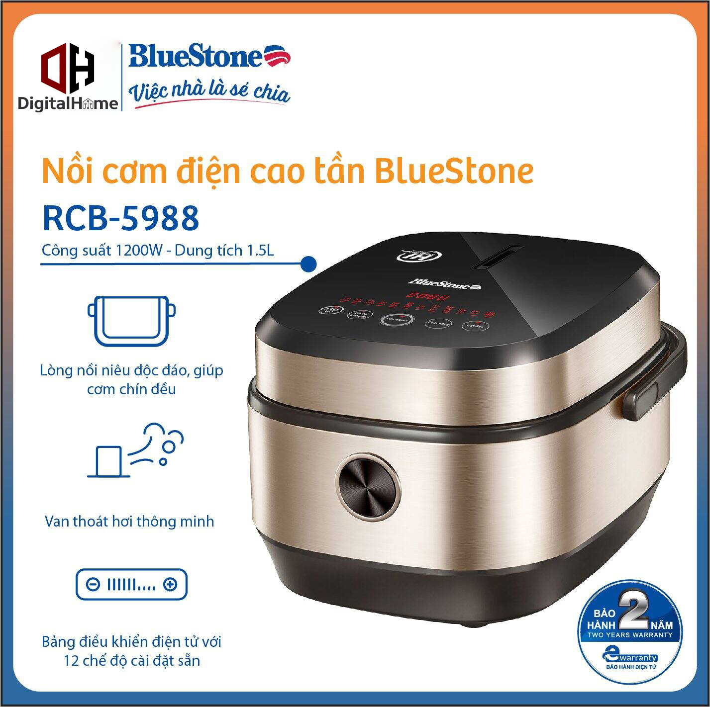 Nồi cơm điện cao tần 1.5l bluestone rcb-5988, dung tích 1,5lit,bảo hành chính hãng 2 năm