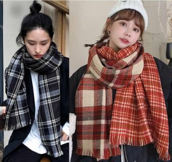 Khăn quàng cổ Quảng Châu len dạ kẻ caro đỏ đen vintage nam nữ quàng 2 mặt KQ001 Khăn choàng rộng mùa đông kẻ caro đỏ đen