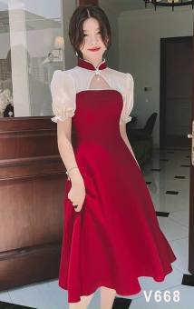 váy đầm nữ dáng xòe dự tiệc cổ tàu khoét ngực đính bông