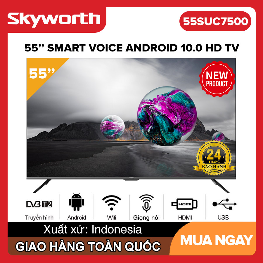 Smart voice tivi skyworth 55 inch uhd 4k - model 55suc7500 android 10.0 ai tv điều khiển giọng nói bluetooth 5.0 google assistant youtube chân viền kim loại tivi giá rẻ - bảo hành 2 năm