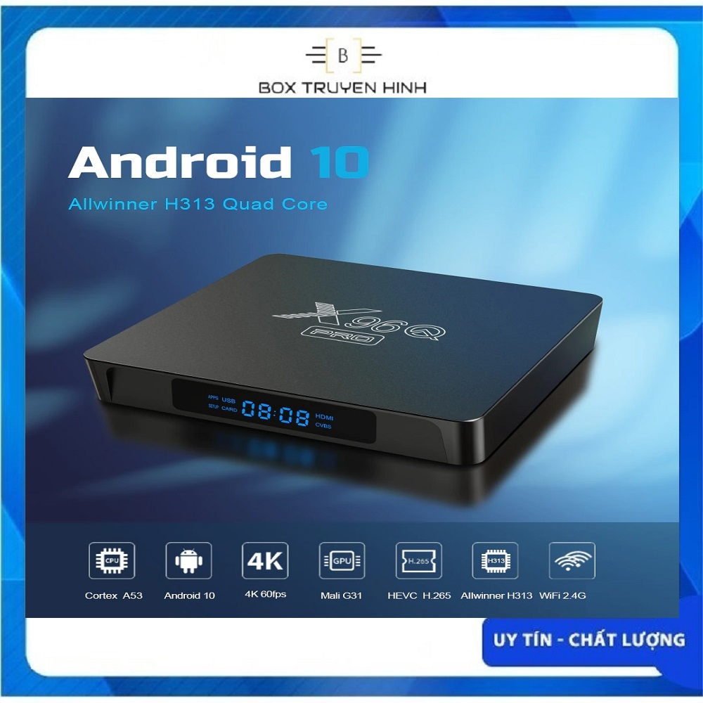 Android Box X96Q Pro, hệ điều hành Android TV 10, Ram 2GB, bộ nhớ 16GB, CPU 4 nhân H313, đồ hoạ Mali G31, Wifi 2.4Ghz 801.11 a/b/g/n, cấu hình mạnh mẽ, mức giá tốt trong phân khúc
