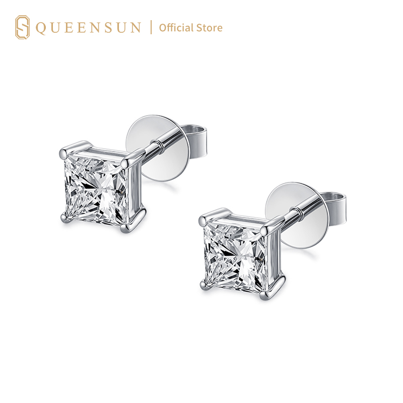 Queensun 18k Gold Lab Diamond D VVS1 1 Carats Princess Cut Four-Prong Earrings |Princess Square Diamond Studs  | 18K 公主方四爪培育钻石耳钉  日常百搭高级感饰品 18K小众设计男女款耳饰