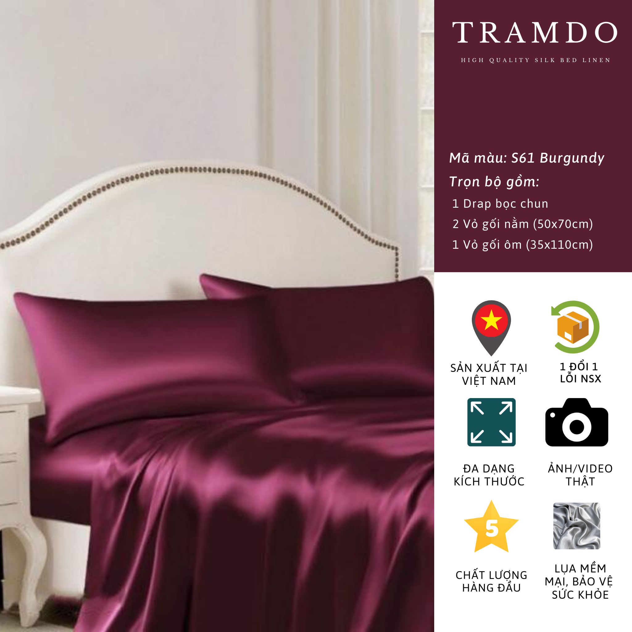Bộ chăn ga gối lụa cao cấp nite9silk tramdo bedding màu đỏ mận