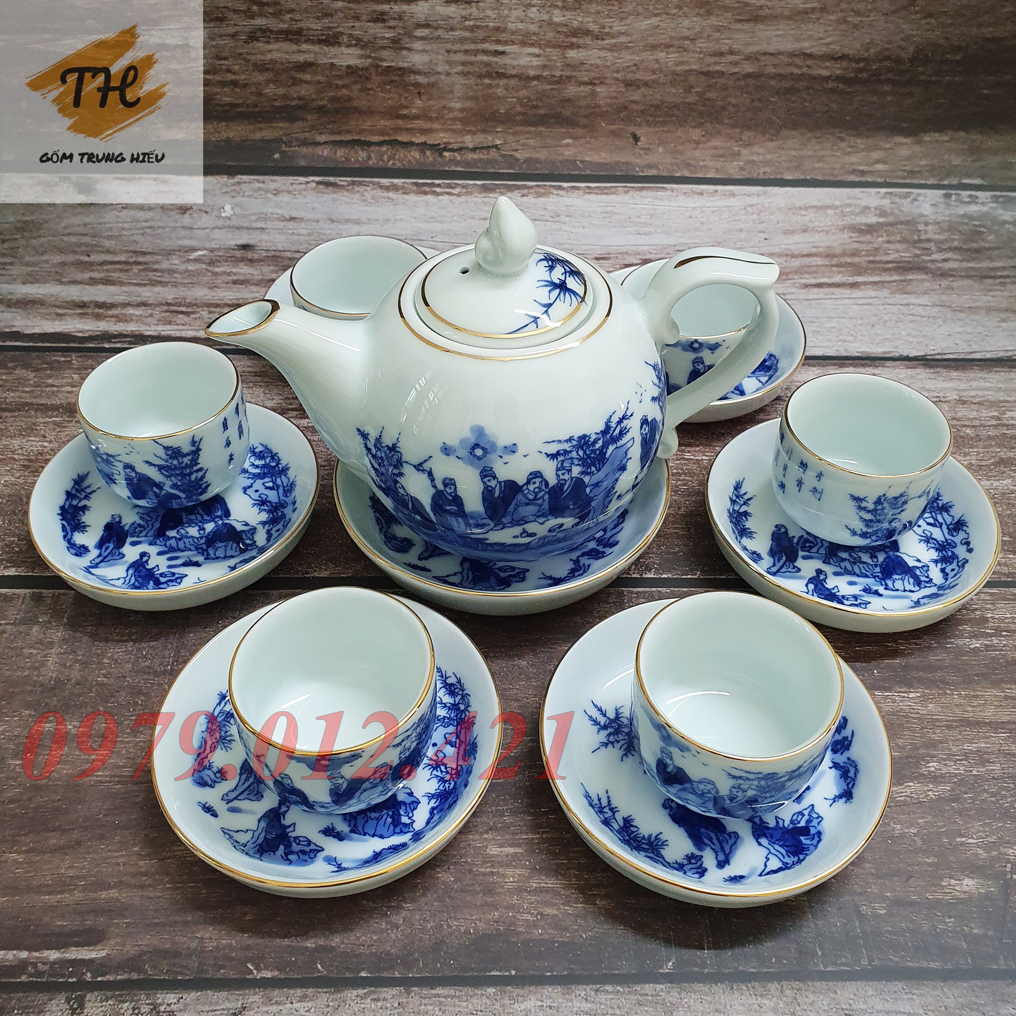 Bộ ấm chén men lam Bát Tràng kẻ vàng kim Trúc Lâm Thất Hiền