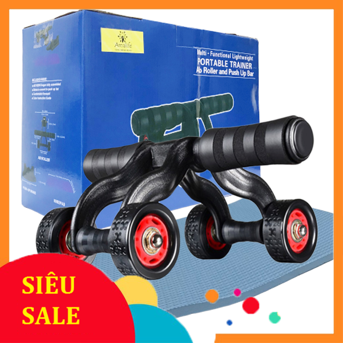 Con lăn tập cơ bụng 4 bánh cỡ lớn - dụng cụ tập thể dục ,cơ ngực ,cơ bụng hiệu quả - Con lăn 4 bánh