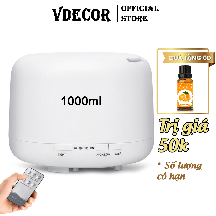 Máy xông tinh dầu Vdecor trụ ngọc tuyết 300-500ml tích hợp led 7 màu làm đèn ngủ