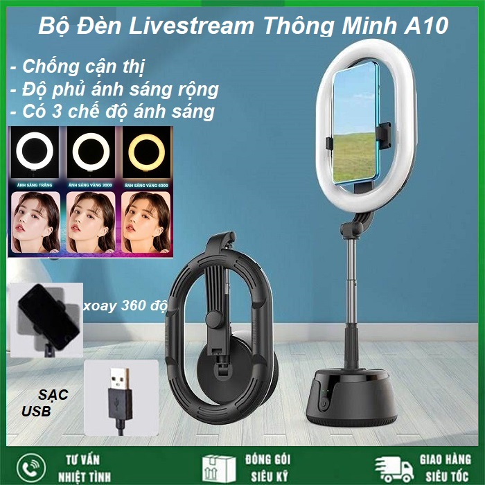 Đèn livestream bán hàng chụp ảnh thông minh a10, bộ đèn live stream có 3 mức ánh sáng nhận diện khuôn mặt, đèn live stream gấp gọn đa năng, giá đỡ điện thoại xoay 360 độ