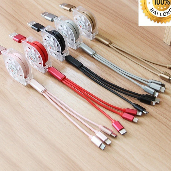 Dây cáp sạc 3 đầu đa năng dây rút - cáp sạc 3 đầu 2a, 3 in 1