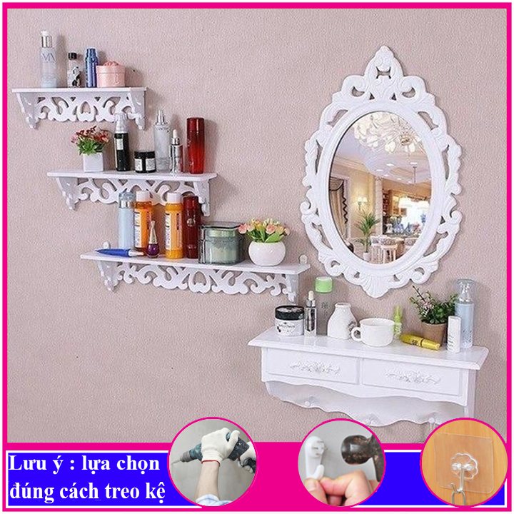 bộ 3 Kệ treo tường trang trí không cần khoan, chất liệu gỗ Pitech cao cấp màu trắng, decor không gian sống