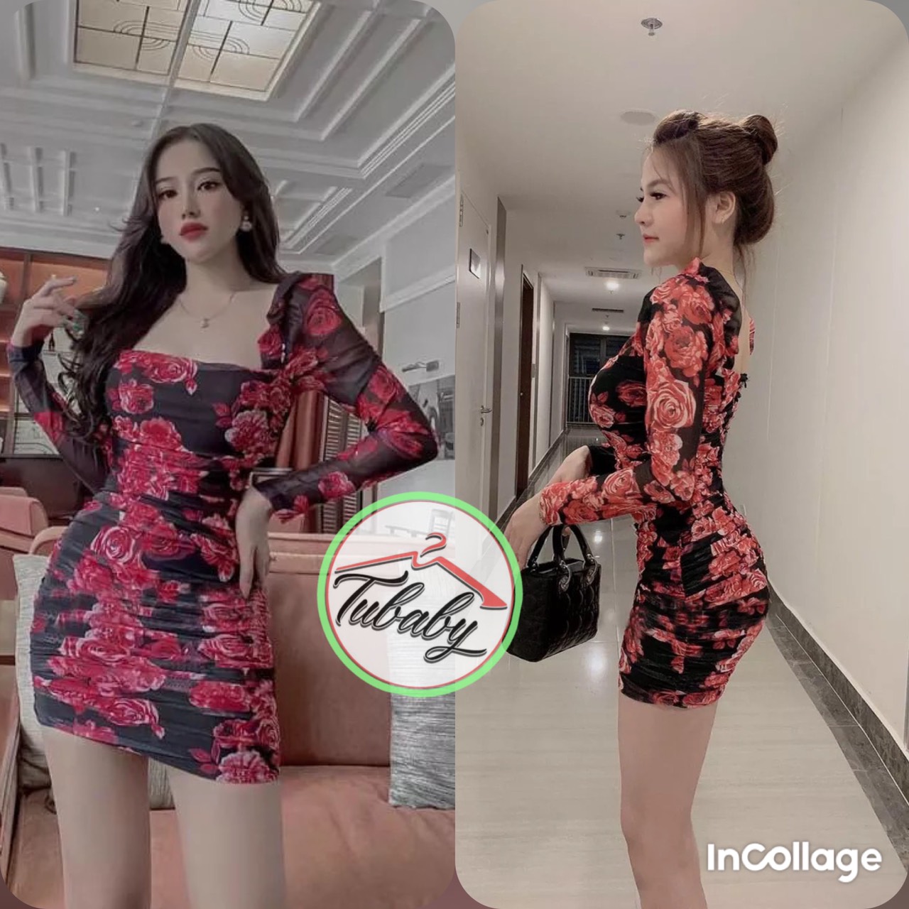 [HCM] Váy Đầm Ôm Body Tay Dài Hở Lưng ,Họa Tiết Hoa Hồng Qúy Phái Thời Trang