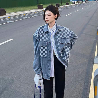 Denim Jacket for Women Tide Brand Retro Checkerboard Stitching Jacket Spring/autumn New Fashion Korean Washed Denim Jacket