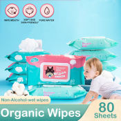 Grace 80pcs 2Layer Wet Baby Wipes - Alcohol-Free, Disposable Cotton