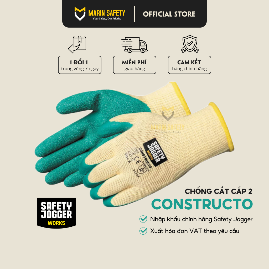 Găng tay bảo hộ lao động Safety Jogger Constructo, chống cắt cấp độ 2, chống vật sắc nhọn, độ linh hoạt cao