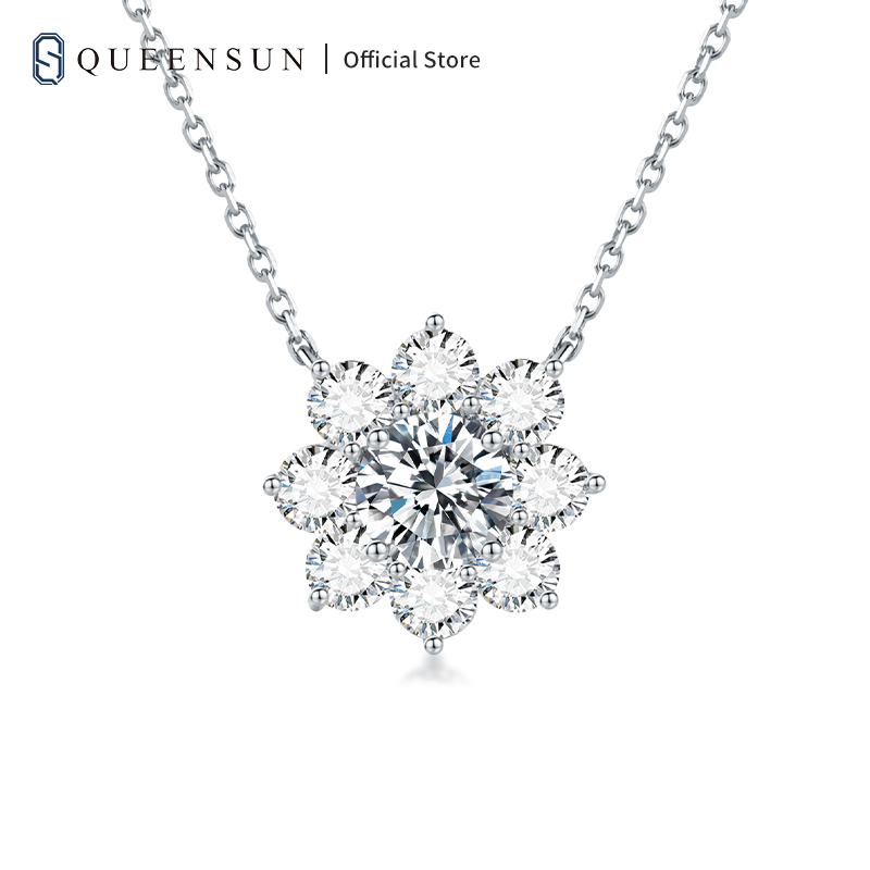 QUEENSUN 18K Gold Clavicle Chain Pendant with One Carat Sunflower Design Lab Grown Diamond Earrings and Necklace Set for Women太阳花锁骨链