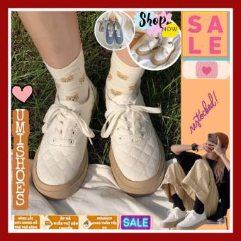 Giày thể thao nữ Ulzzang CAMEL UMISHOES  vải khâu caro đế bằng bánh mì basic độn đế 4cm bata mới hot phong cách hàn quốc đẹp cá tính kiểu dáng thời trang năng động trẻ trung buộc dây màu xanh trắng đi học chơi