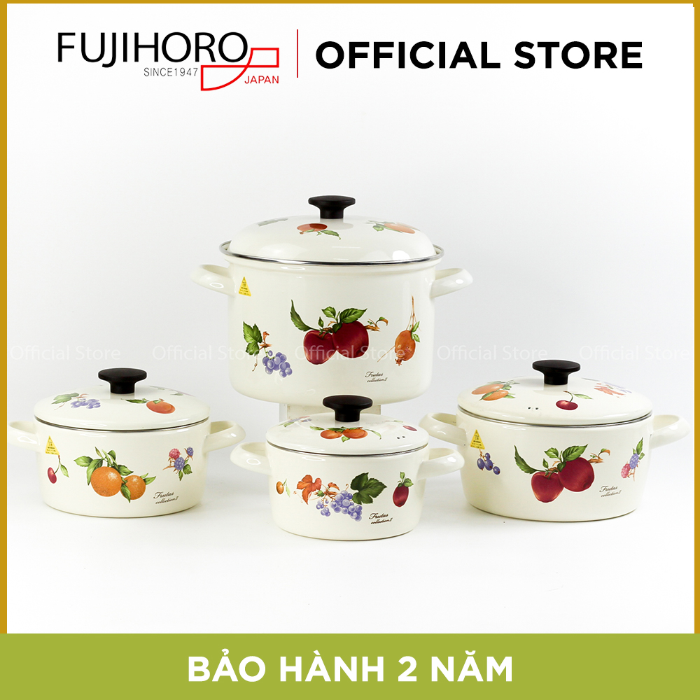 Bộ 4 nồi tráng men cao cấp Nhật Bản Fujihoro FRV-4 (16W,18W,20W,22DW) - Họa tiết Trái Cây - Công nghệ từ Nhật Bản - Bảo hành 2 năm - Hàng chính hãng