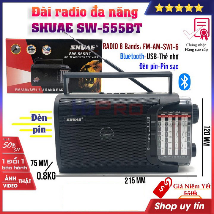 Radio Việt Nam Online - Nghe Đài Trực Tuyến - Top 3 Đài Radio Cassette Tốt - Đài Radio Đa Năng SHUAE SW-555BT H2Pro 8 Bands FM-AM-SW1-6, Loa Bluetooth-USB-Thẻ Nhớ-Đèn Pin, Bắt Sóng Tốt Ở Cả 3 Hệ Kênh Là FM/AM/SW, Pin Sạc Sài Lâu