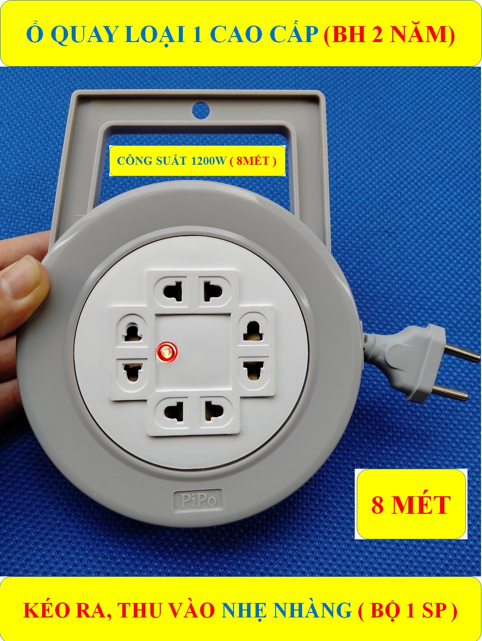 8 Mét Ổ cắm điện tròn xoay 1200W cao cấp (BH 2 NĂM) + 4 ổ cắm + 1 Đèn LED báo ( bộ 1 sản phẩm )