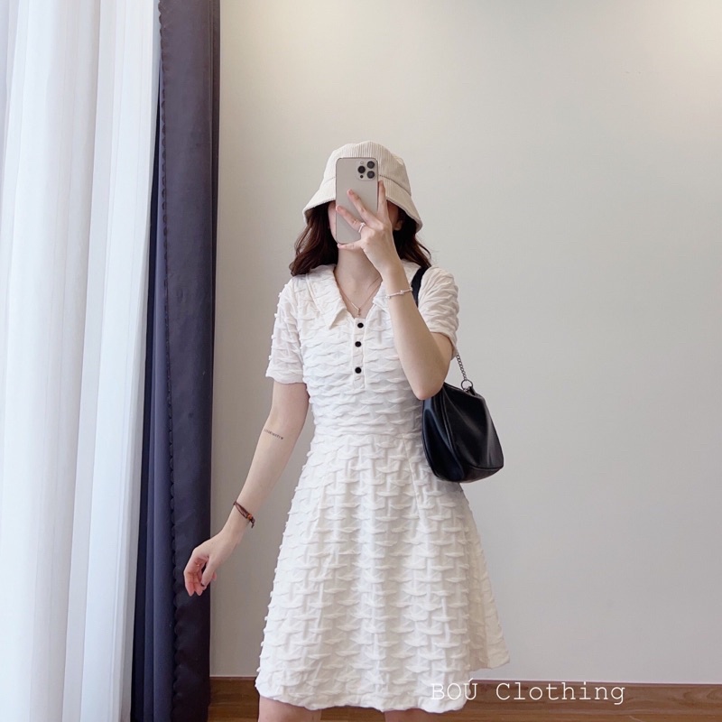 Đầm xòe vân nổi cổ sơ mi sành điệu nữ tính tôn dáng