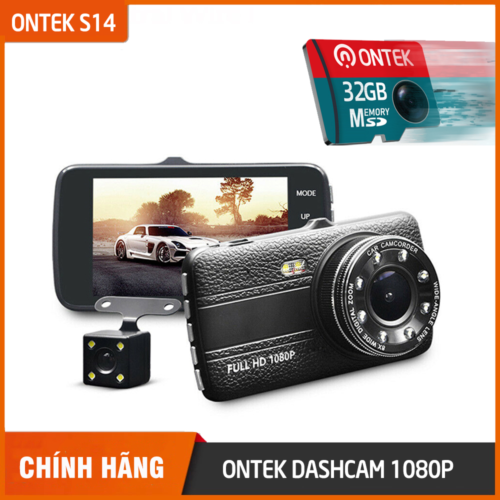 camera hành trình  ô tô xe tải trước và sau ontek s14 full hd tích hợp 8 đèn led, màn hình 4 inch ips siêu nét