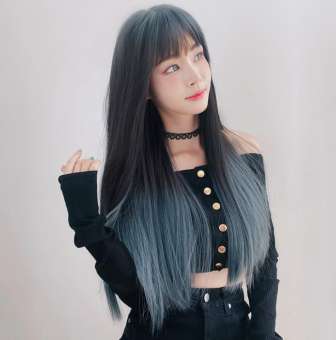 Tóc Giả Dài Thẳng TSE Chuyển Sắc Với Tóc Mái Không Khí, Tóc Giả Kín Đầu Màu Xanh Hồ Lolita Dài 66CM C8288