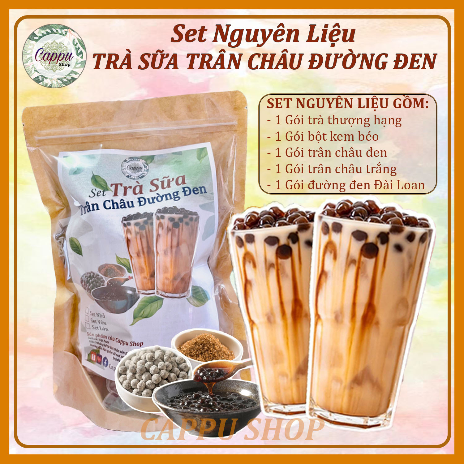Set trà sữa trân châu đường đen
