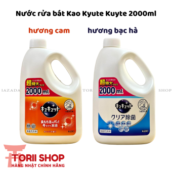 Nước rửa chén bát Kao Kyukyuto 2000ml hàng Nhật Bản chính hãng mẫu mới đủ mùi hương hương cam và hương bạc hà | Nước rửa bát đậm đặc Kao can 2L diệt khuẩn, không khô tay, an toàn cho người dùng, làm sạch dầu mỡ nhanh