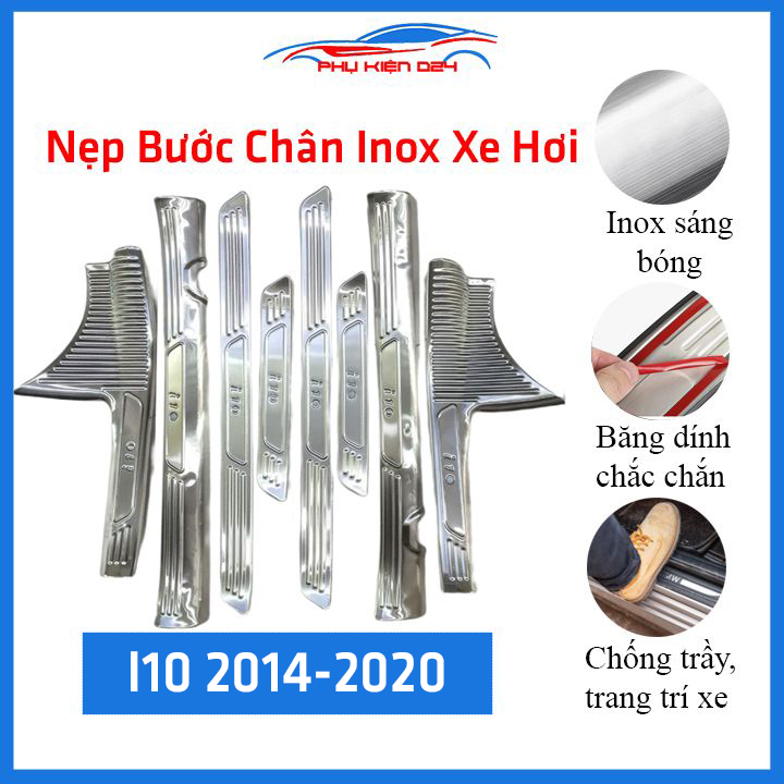 Ốp bậc cửa lên xuống ô tô Hyundai i10 2014-2020 INOX, nẹp bước chân dán trong ngoài chống trầy xước,