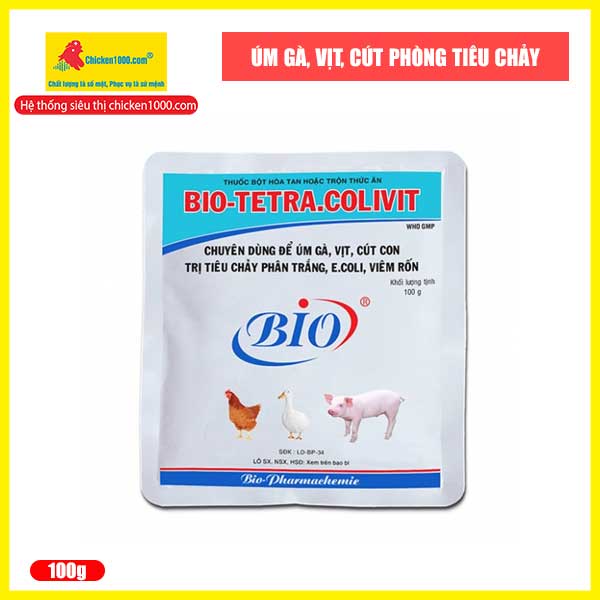 Thuốc úm gà, úm vịt, úm heo tetra colivit bio phòng tiêu chảy gói 100g