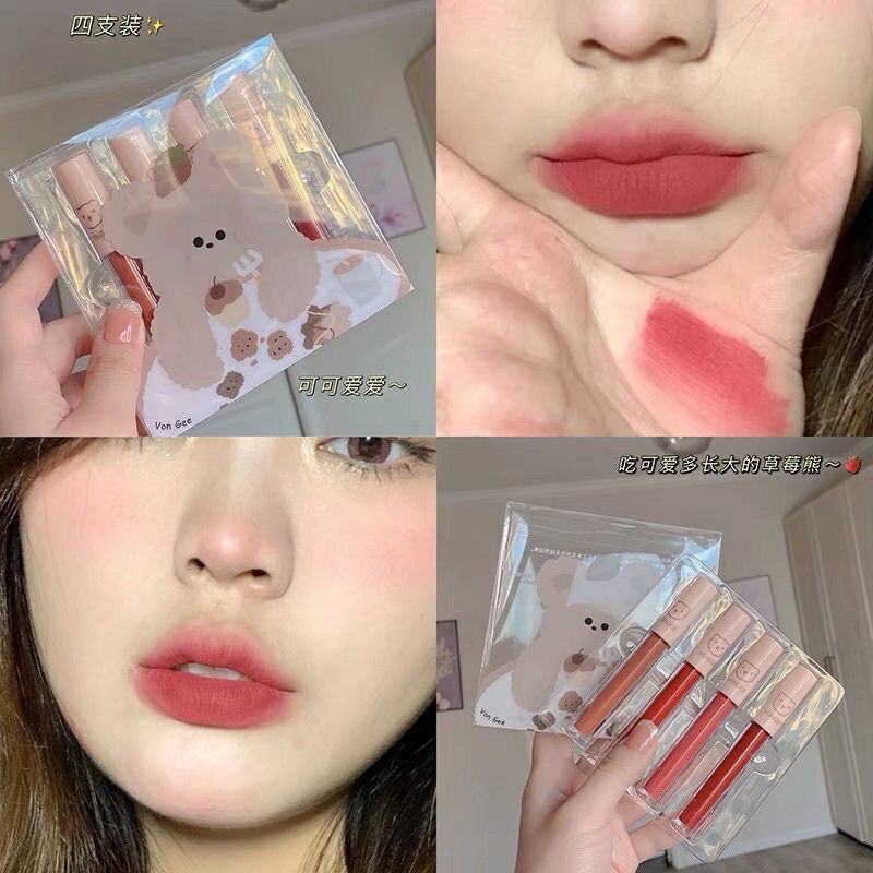 Set 4 cây thỏi son kem lì Vongee hình gấu dễ thương mịn mướt môi lâu trôi