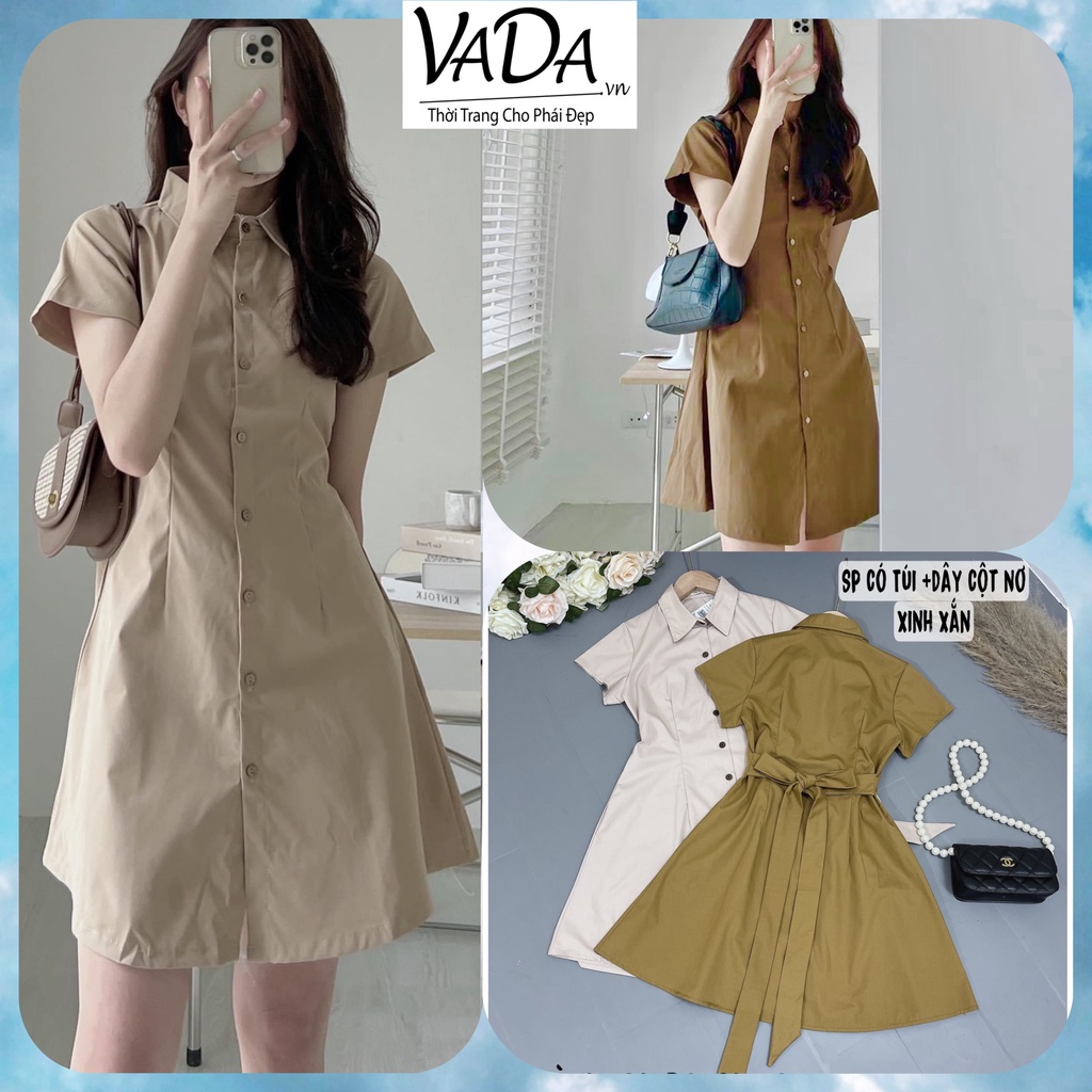 Váy đầm sơ mi thô ngắn tay cổ đức kèm dây thắt eo