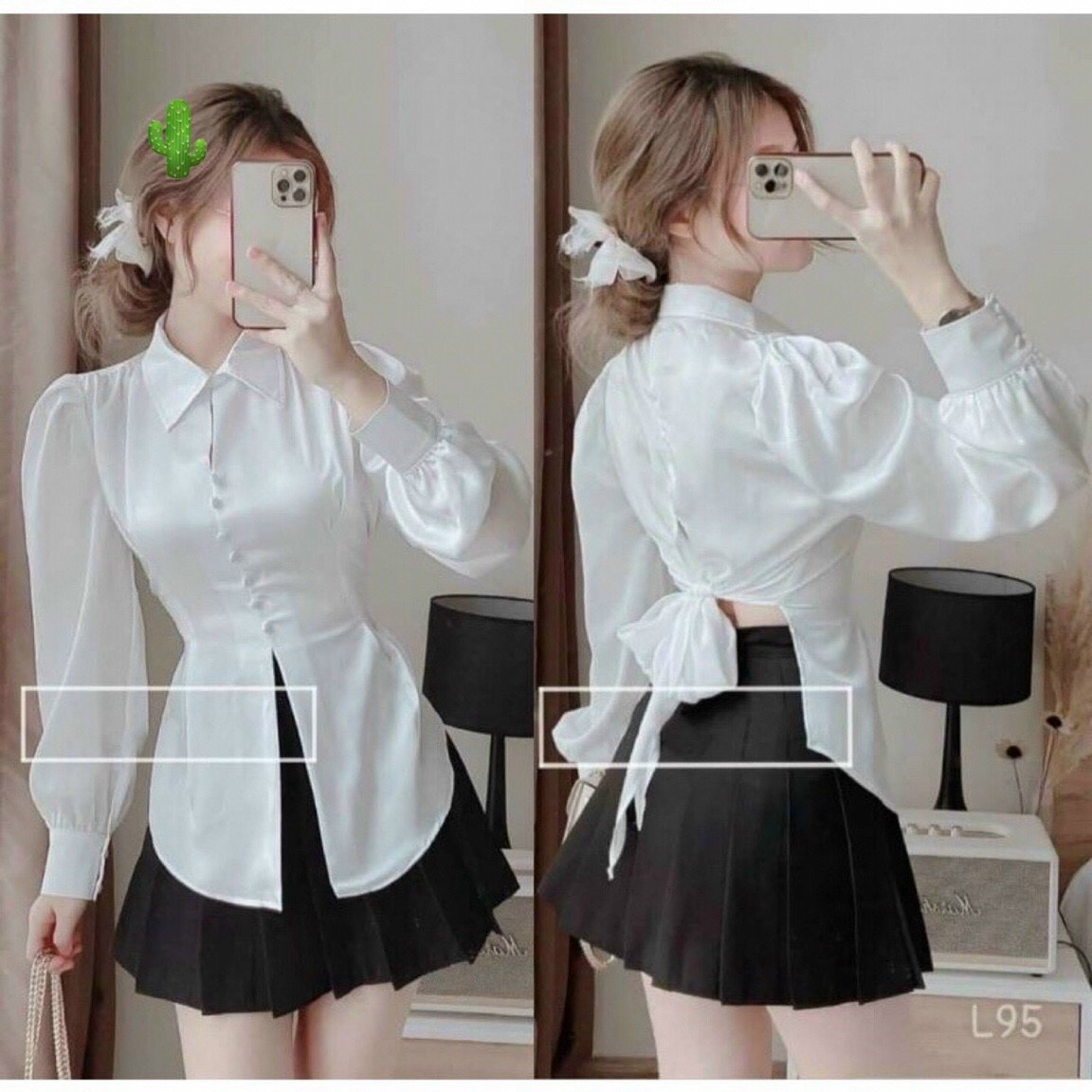 Áo sơ mi phi lụa buộc nơ lưng nút bộc xinh tiểu thư pc