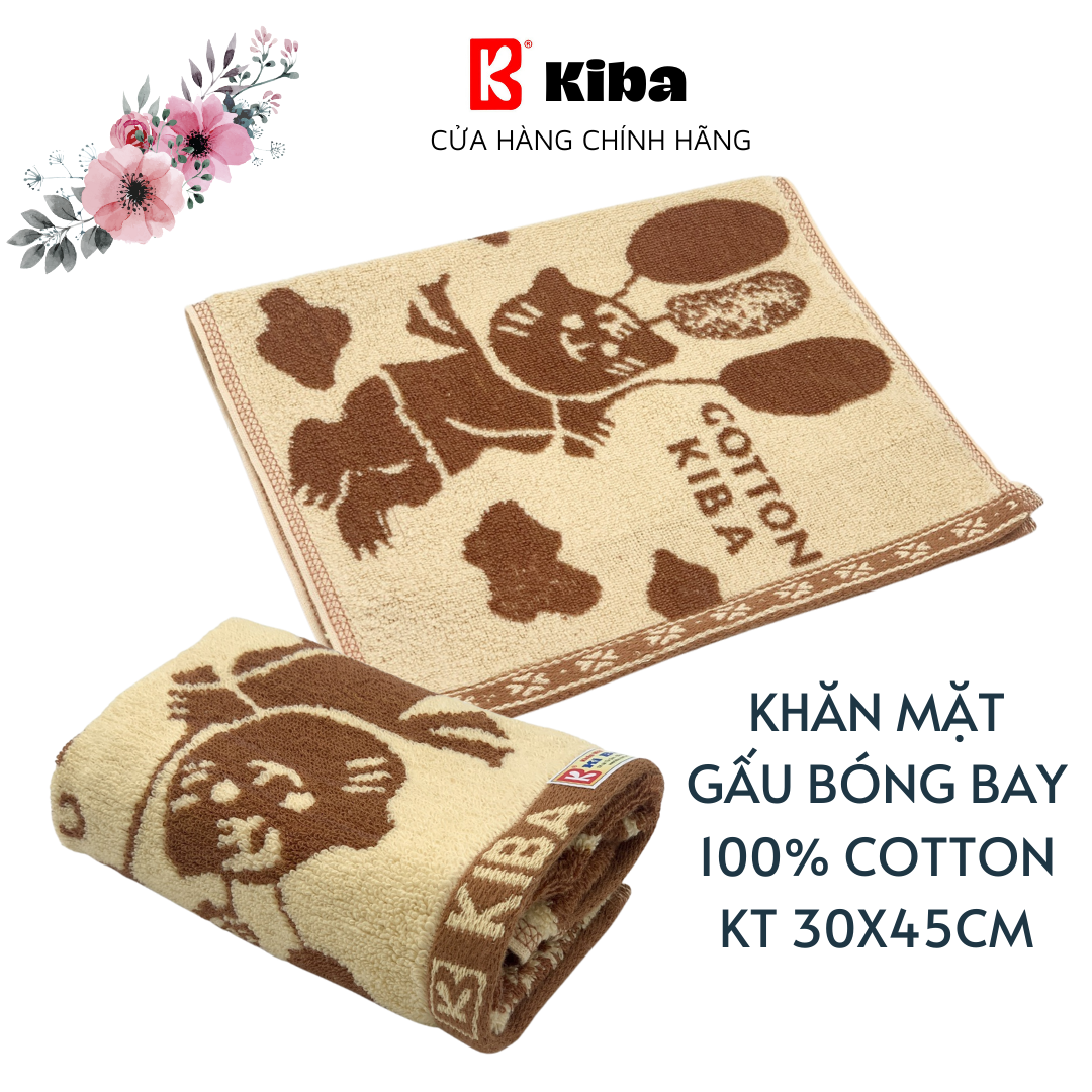 Khăn Mặt Sợi Bông Hữu Cơ Mèo Bóng Bay KIBA, Cỡ 30cm x 45m Chất Cotton 100% Thấm Hút Tốt, Không Kích Ứng Da, Khô Nhanh. Không Hôi Nhớt