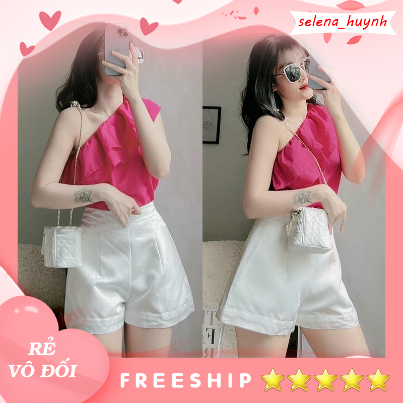 Set áo hồng lệch vai nhúng bèo kèm quần sort trắng SELENA95