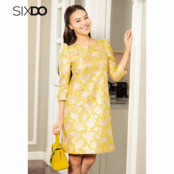 Đầm gấm vàng họa tiết hoa tay lửng SIXDO (Yellow Rose Short Sleeves Midi Brocade Dress)