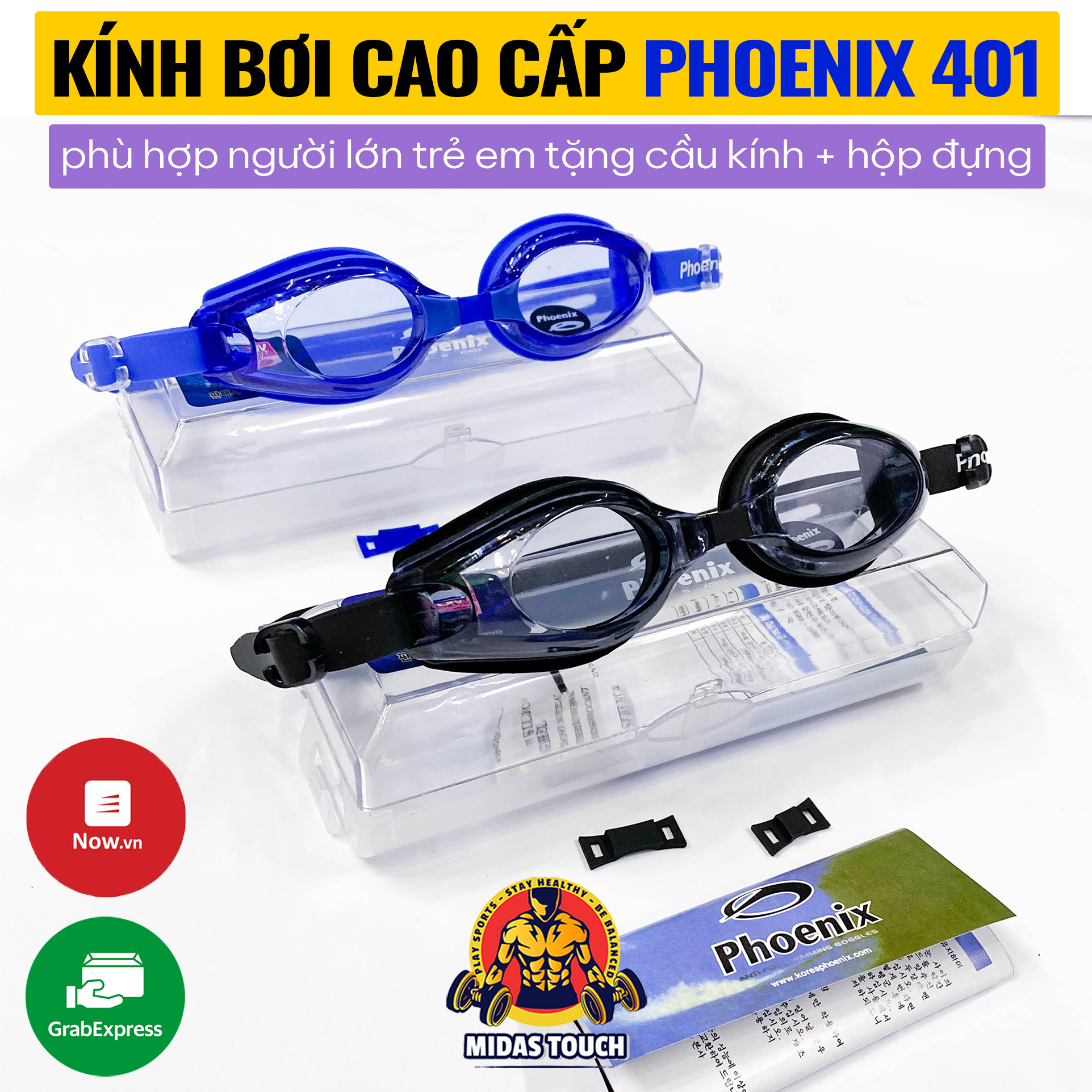 Kính Bơi Phoenix 401 Cao Cấp Người Lớn Trẻ Em Trên 12 tuổi - Tặng hộp đựng, dây đeo co dãn tốt êm ái, vòng đệm ôm sát mắt Chống Nước Hiệu Quả