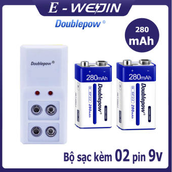 Bộ Sạc pin 9V (pin vuông) Doublepow DP-B09 và 02 viên pin vuông sạc lại 9V 280mAh