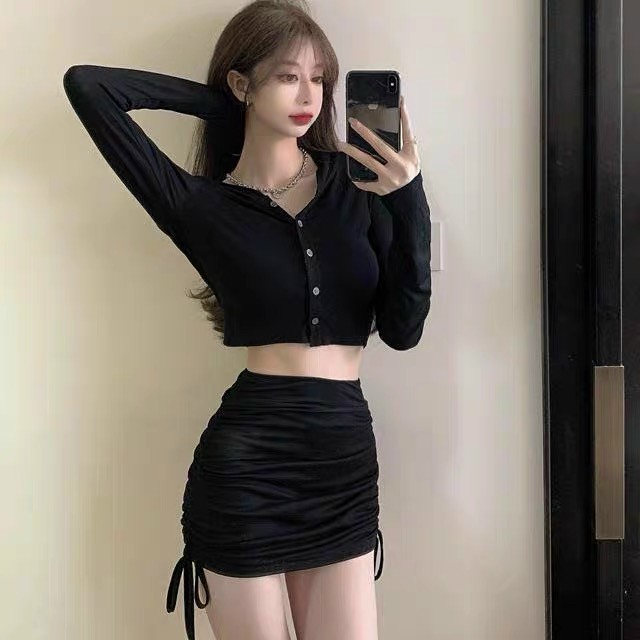 Sét váy rút dây ôm body kèm áo thun crotop day dài siêu xinh chất thun borip dày dặn co dãn chất lượng giá rẻ