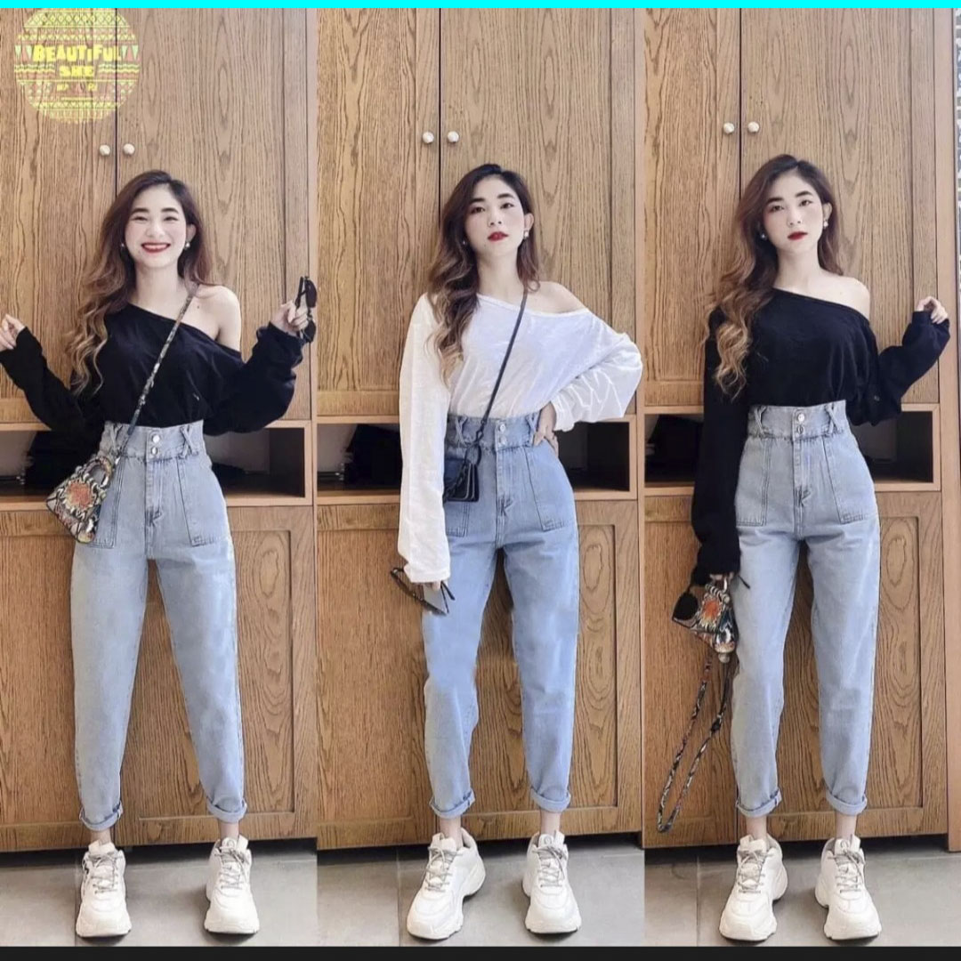 [HCM]QUẦN BAGGY JEAN NỮ  LƯNG CAO 2 NÚT ĐAI CHÉO TÚI NỔI BẢNG TO MẪU MỚI THUYDIEUSHOP9 BG003